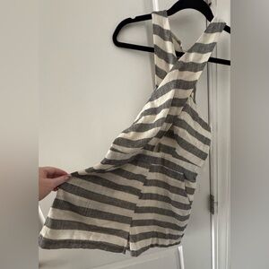 Posh Striped Crossback Linen Romper in Gray and Cream